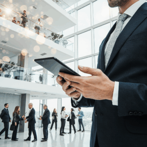 Businessman using tablet in modern office with people networking