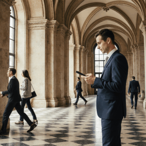 Businessman using tablet in heritage building with arched ceiling