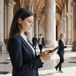 Businesswoman using tablet in historic architectural setting