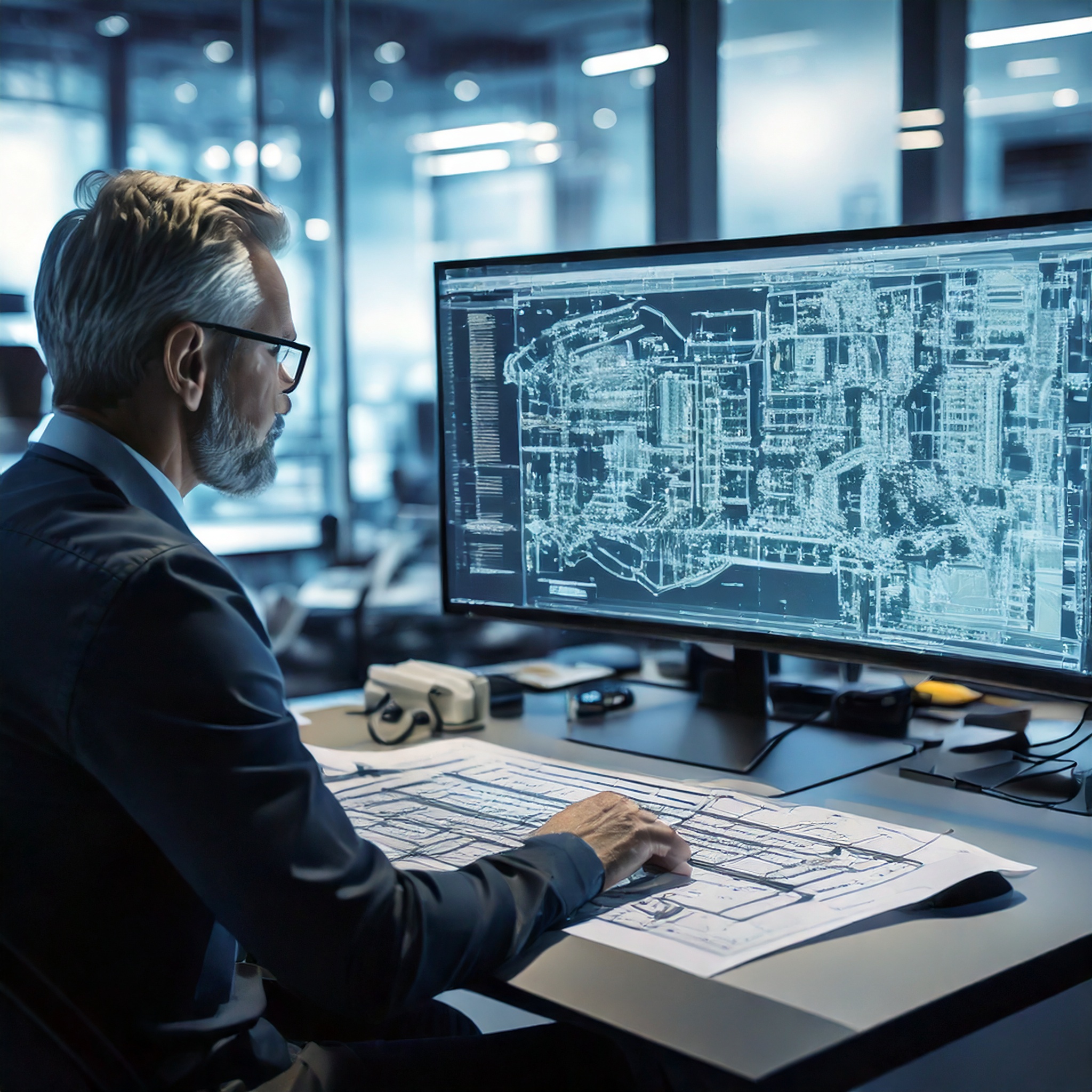 Building Services Design Engineer at a computer creating blueprints