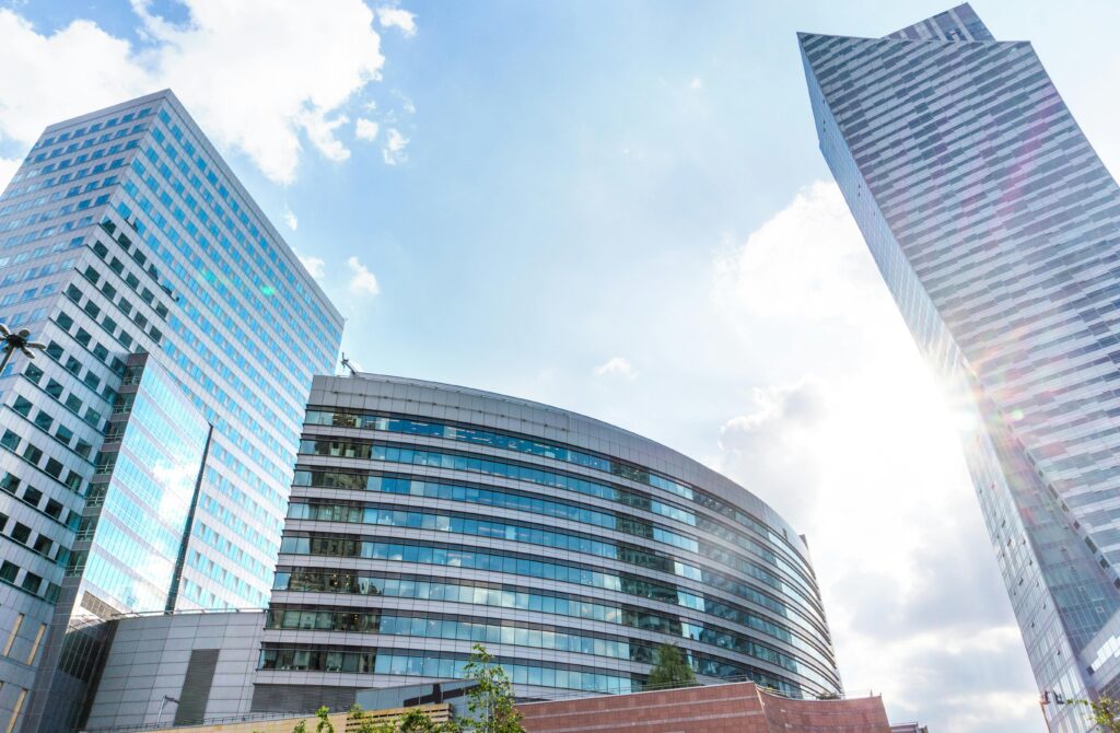 Modern glass office skyscrapers in city business district